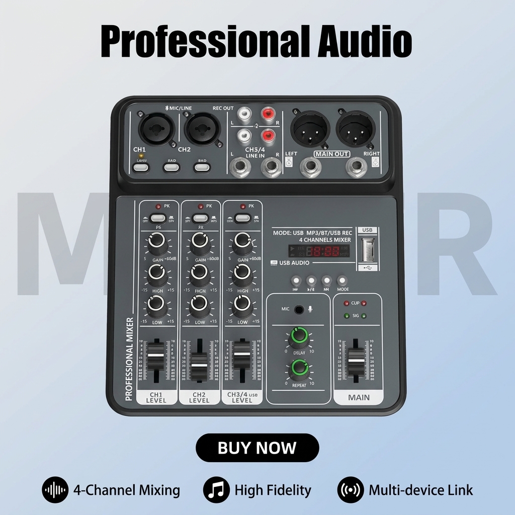 Audio Music Dj - وحدة تحكم صوت احترافية بأربع قنوات،